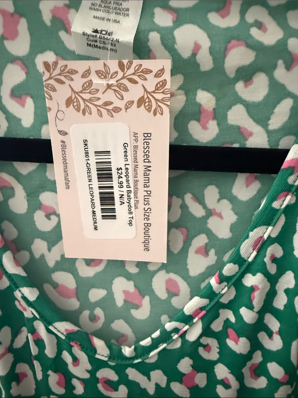 Green Leopard Print Peplum Top with Pink Accents - Picture 2 of 3